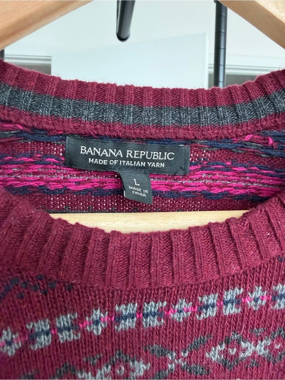 Banana Republic Men's Burgundy Fair Isle Crewneck Sweater